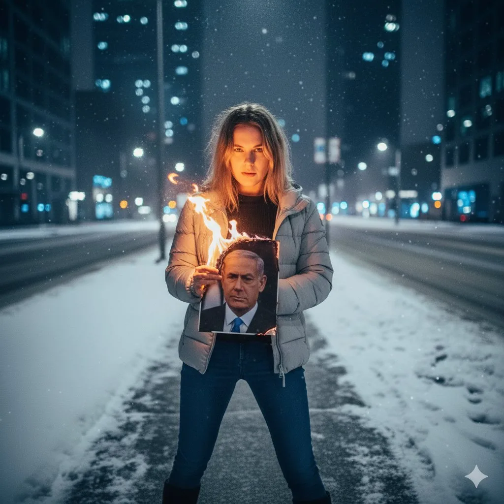 Defiant Woman Lighting Cigarette with Burning Photo - Nano Banana Pro AI Prompt for Social Media Post reference