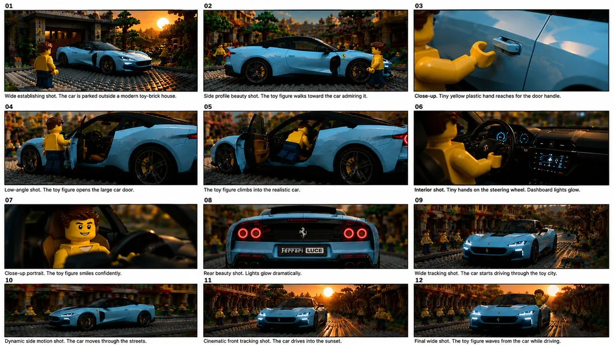 Toy Ferrari Storyboard Contact Sheet reference