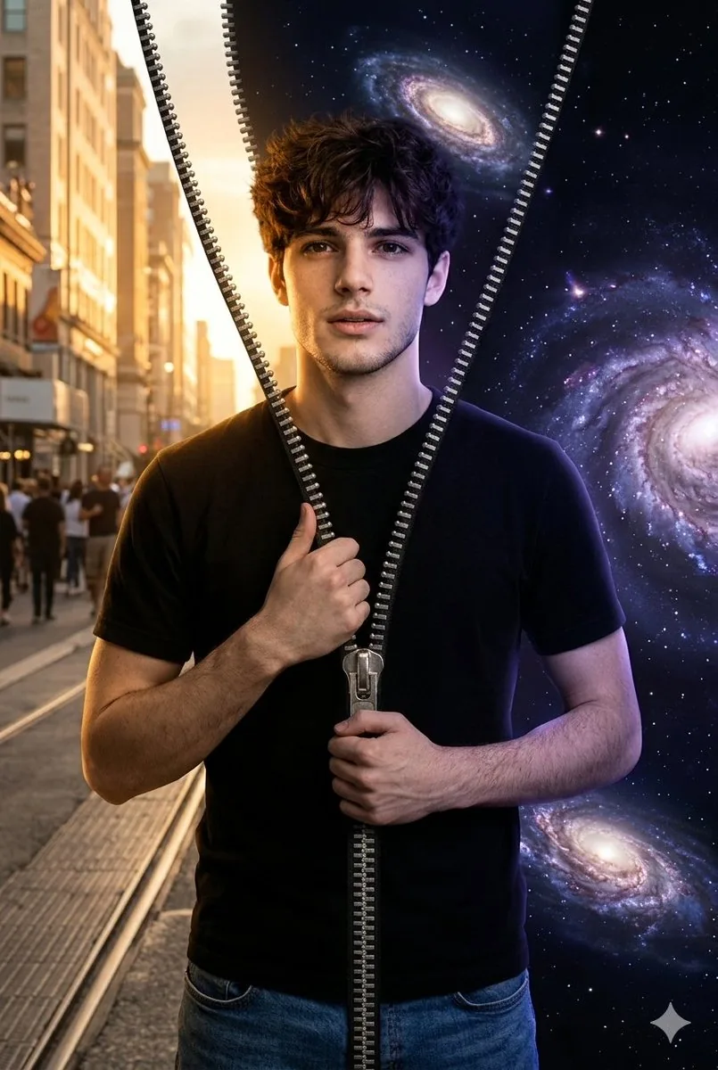 Conceptual Portrait of Man Zipping Reality Open to Cosmic Void reference