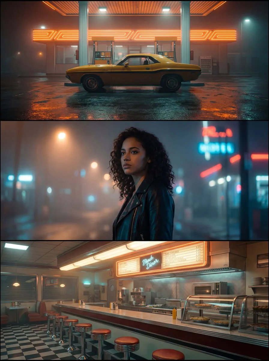 Neo-Noir Synthwave Triptych Montage - Nano Banana Pro AI Prompt for Social Media Post reference