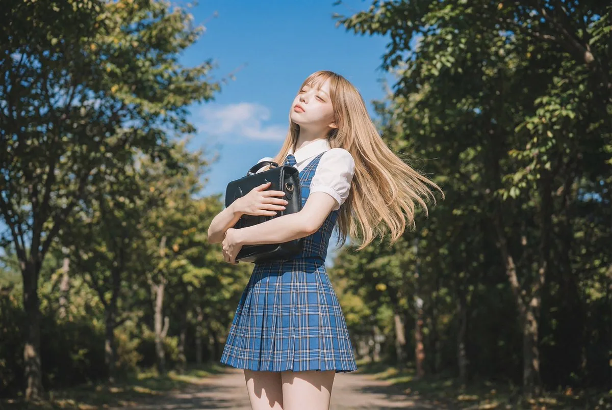 Blonde Girl Walking Down a Tree-Lined Street Video Prompt reference