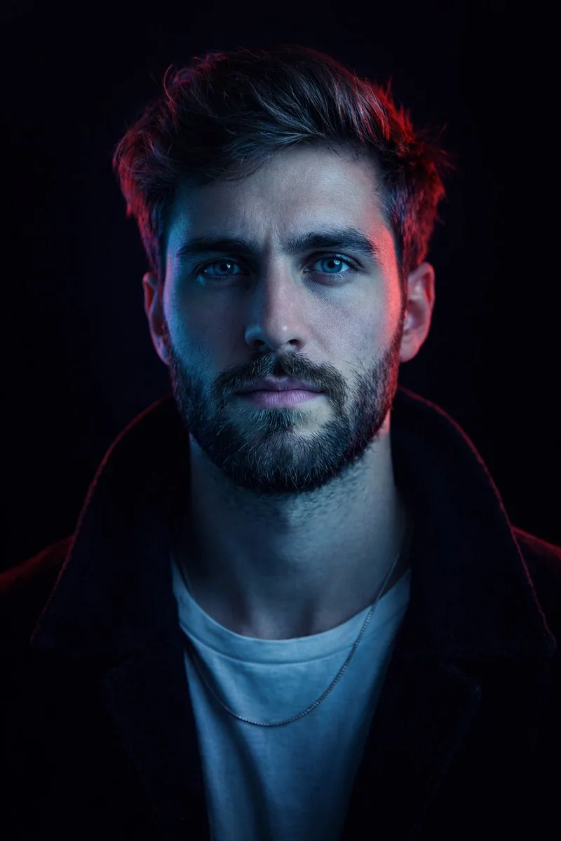 Cyberpunk Neon Split Lighting Portrait reference