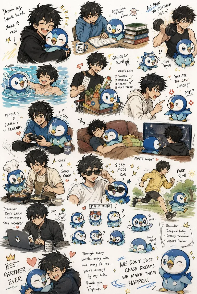 Anime Boy and Piplup Adventure Sheet - Nano Banana Pro AI Prompt for Comic / Storyboard reference