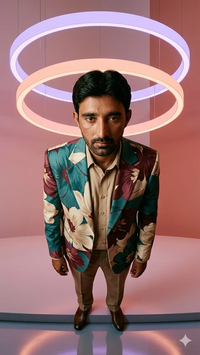 Low-Angle Fashion Portrait with Light Rings reference