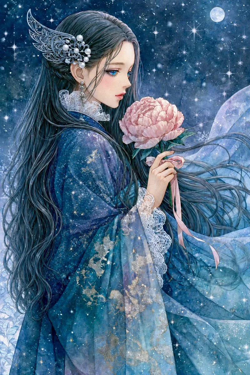 Moonlit Anime Woman with Peony reference