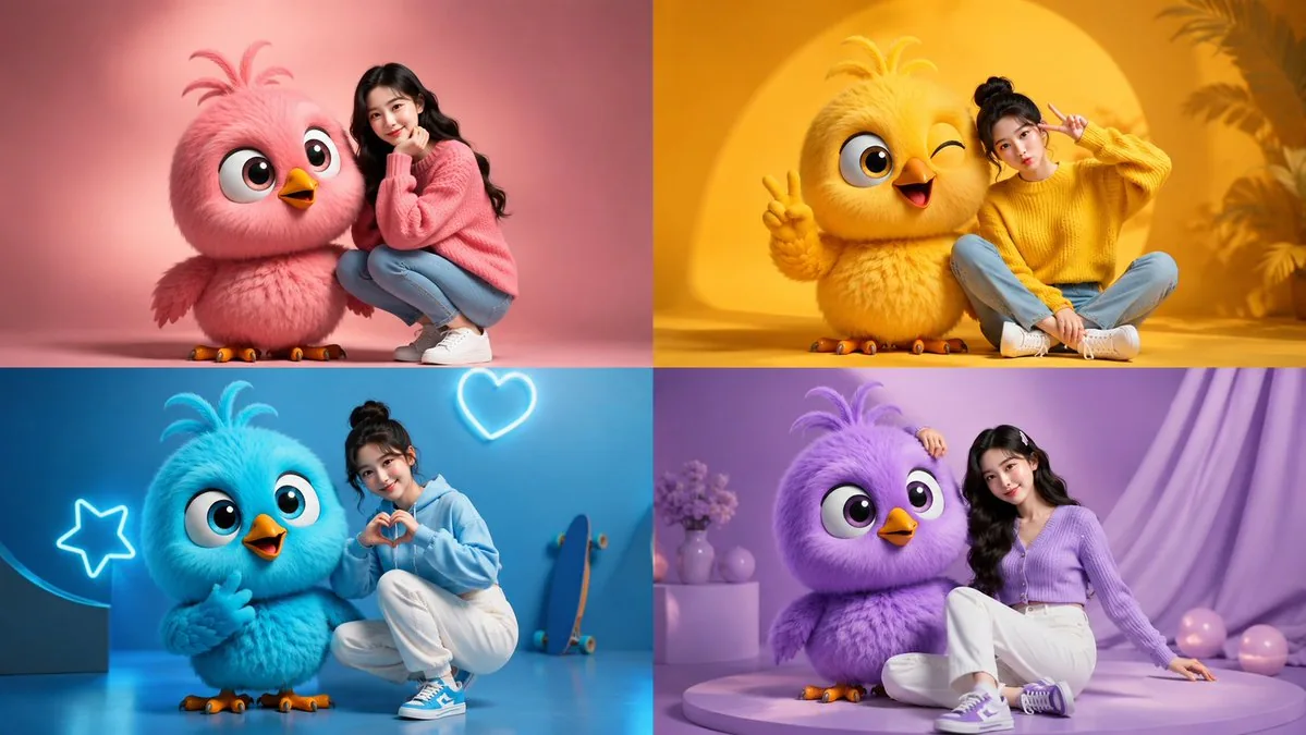 Four-Color Chick Mascot Photo Collage reference