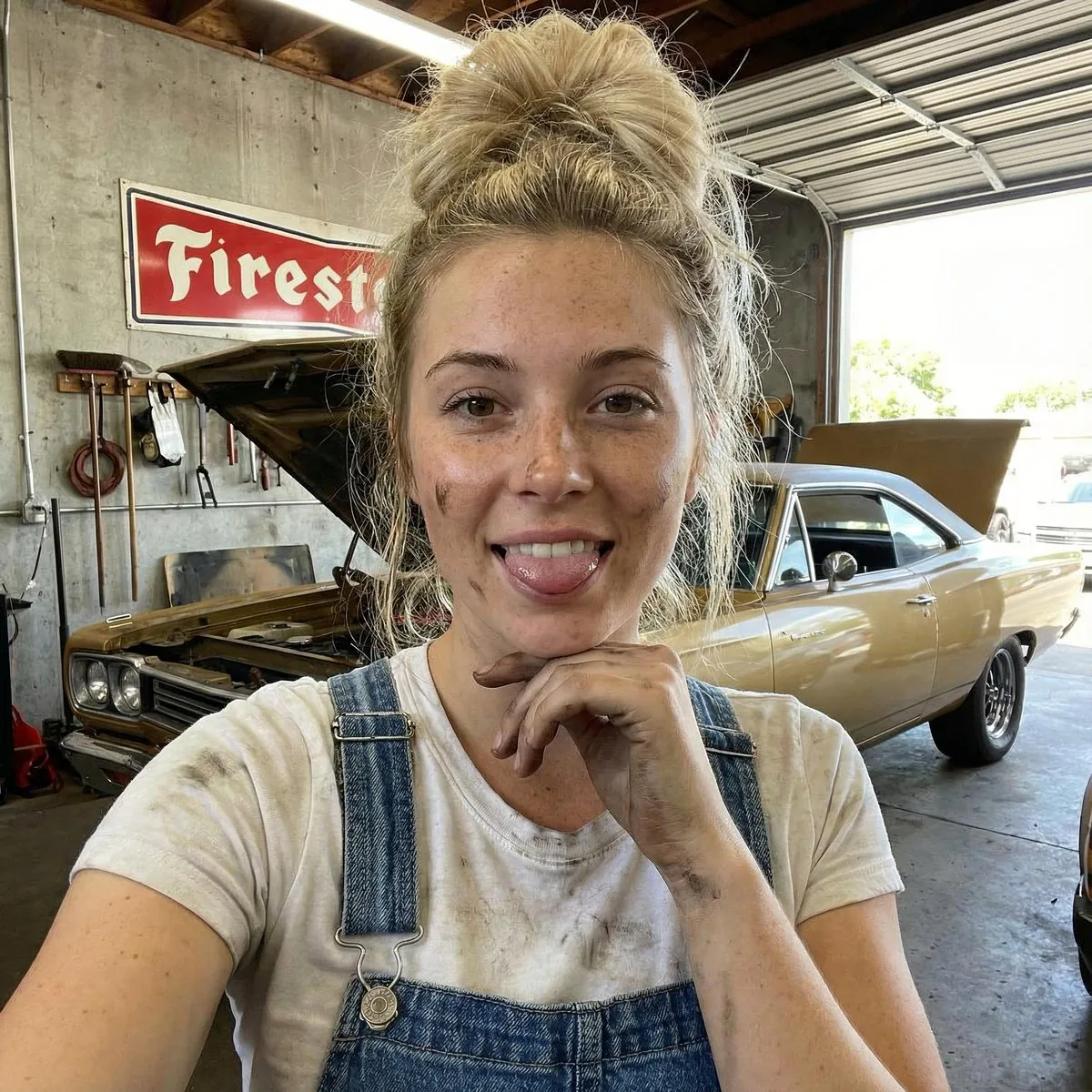 Mechanic Garage Selfie with iPhone 17 Pro Max Specs (JSON) - Nano Banana Pro AI Prompt for Social Media Post reference