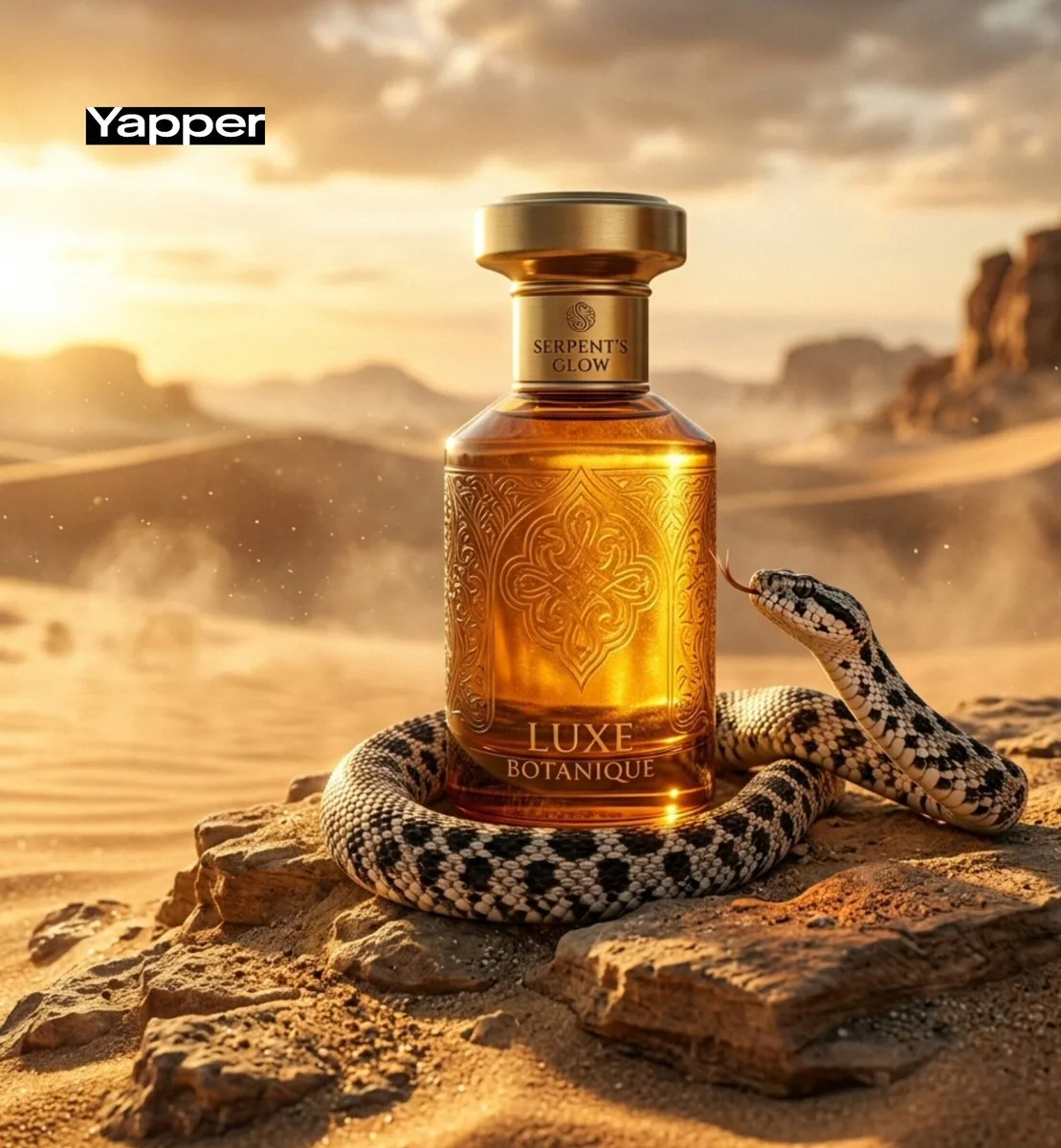 Luxury Perfume Advertisement in Desert Setting reference