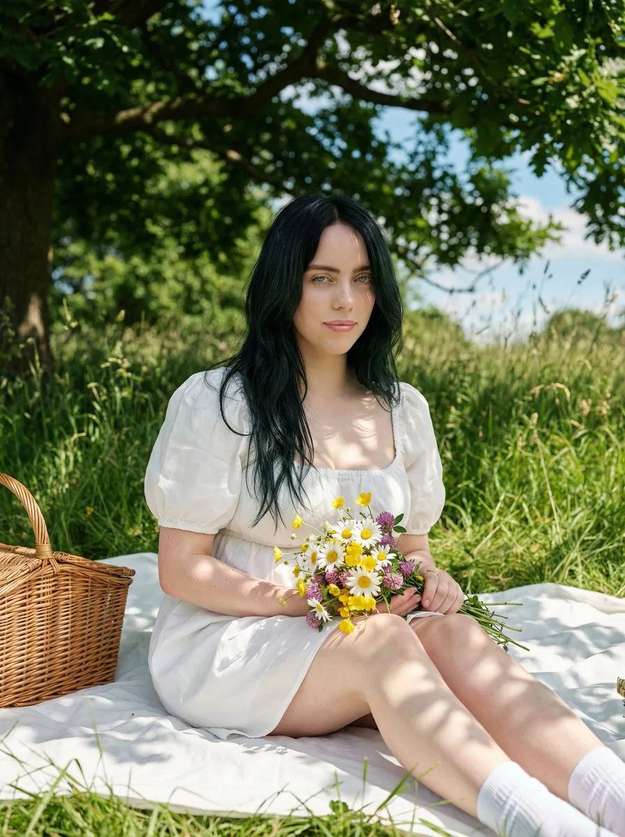 Cottagecore Picnic Portrait in Dappled Sunlight - Nano Banana Pro AI Prompt for Social Media Post reference