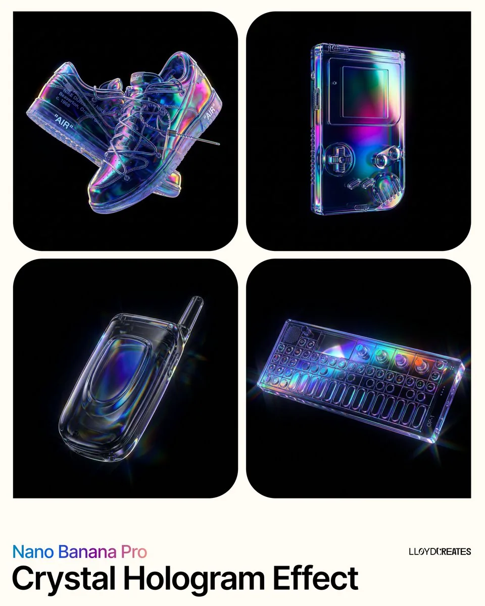 Crystal Hologram Product Photography Prompt - Nano Banana Pro AI Prompt for E-commerce Main Image reference