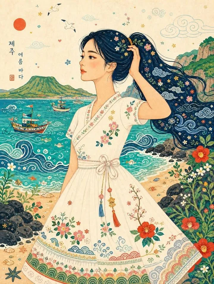 Jeju Island Naive Folk-Art Illustration reference