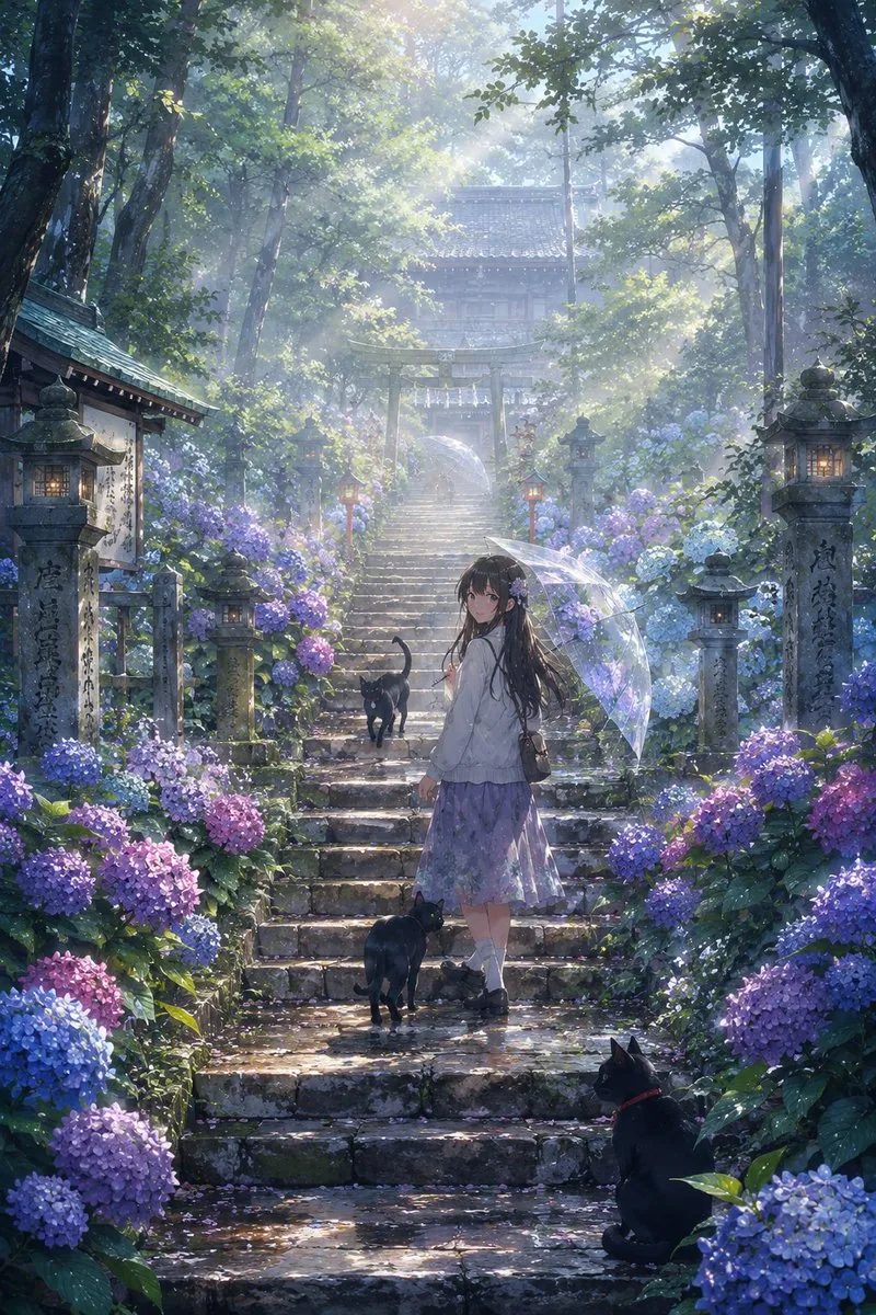 Rainy Season Shrine Hydrangea Scene reference