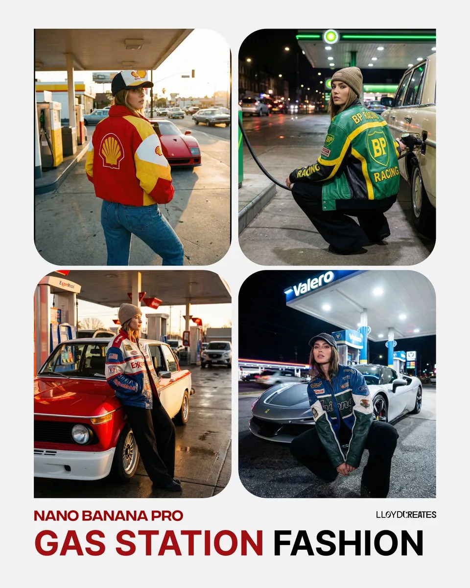 Gas Station Streetwear Fashion Photoshoot Template - Nano Banana Pro AI Prompt for Social Media Post reference