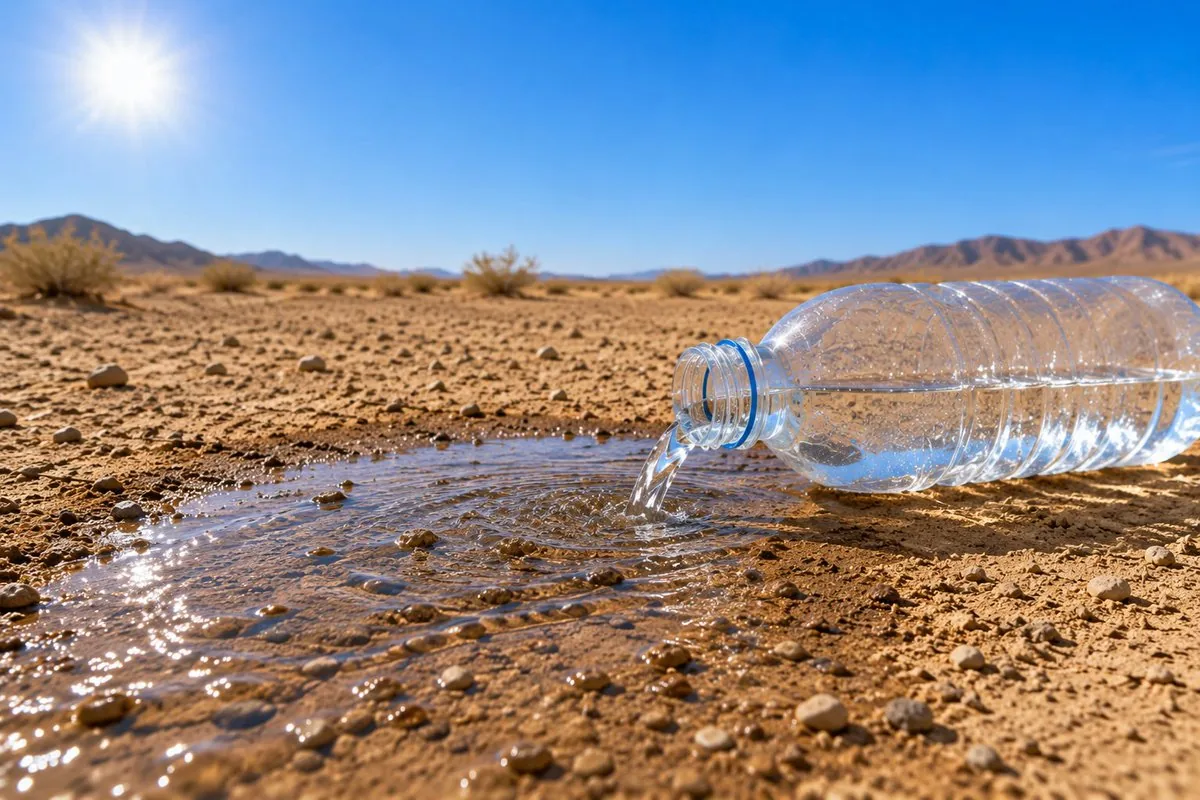 Water Bottle Spilling in Desert reference