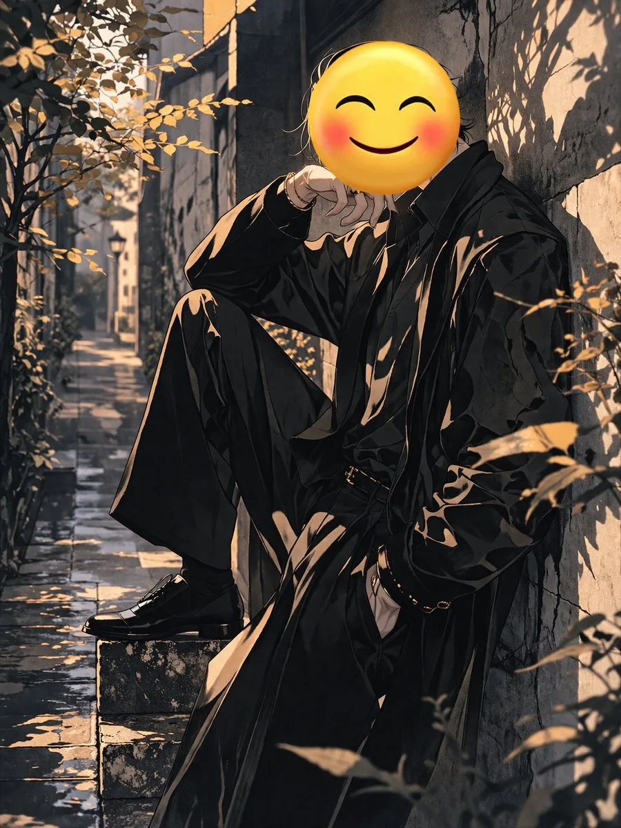 Figure with Emoji Head in Sunlit Alley reference