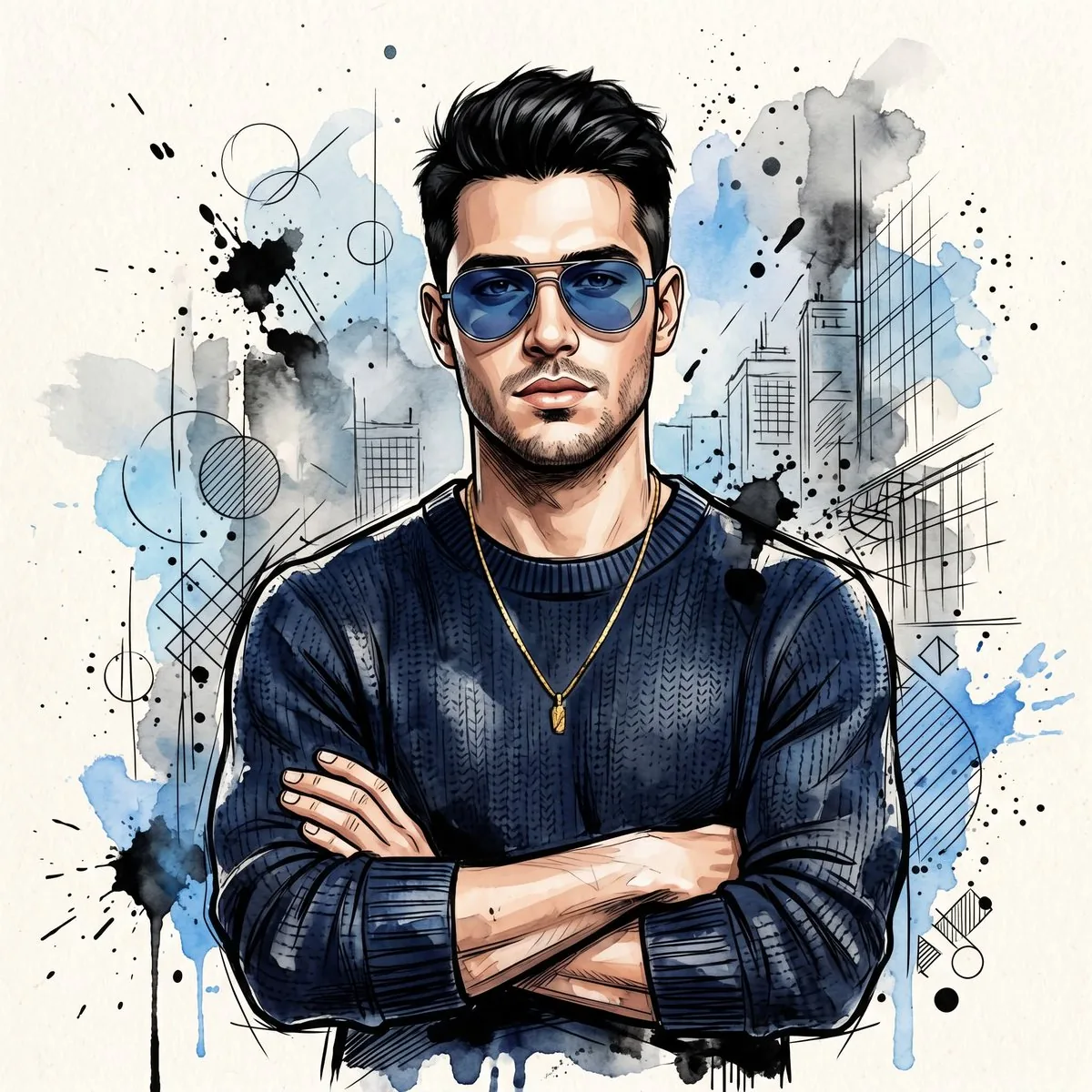 Watercolor Man Portrait with City Skyline reference