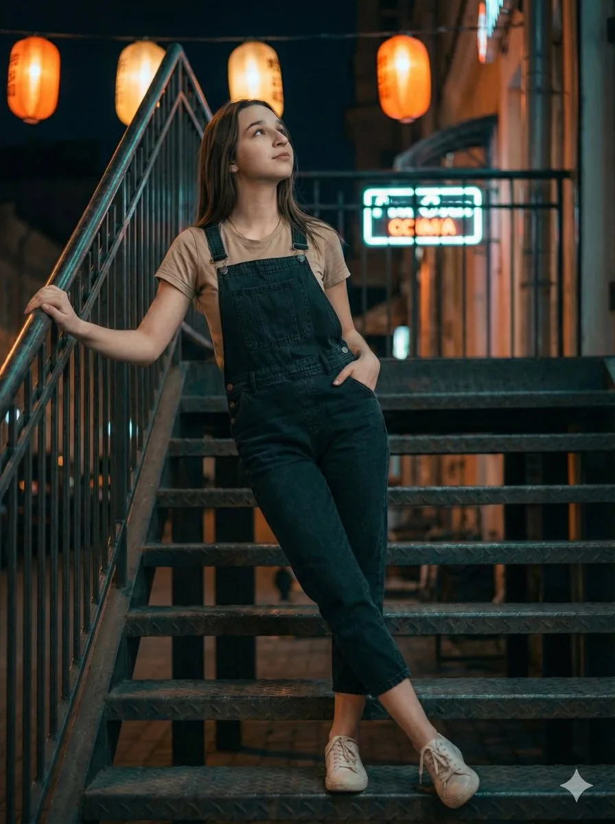 Cinematic Night Portrait on Urban Stairs - Nano Banana Pro AI Prompt for Social Media Post reference