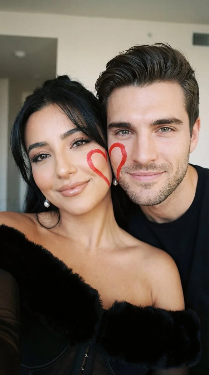 Ultra-Close Photorealistic Couple Selfie with Heart Cheek Paint - Nano Banana Pro AI Prompt for Social Media Post reference