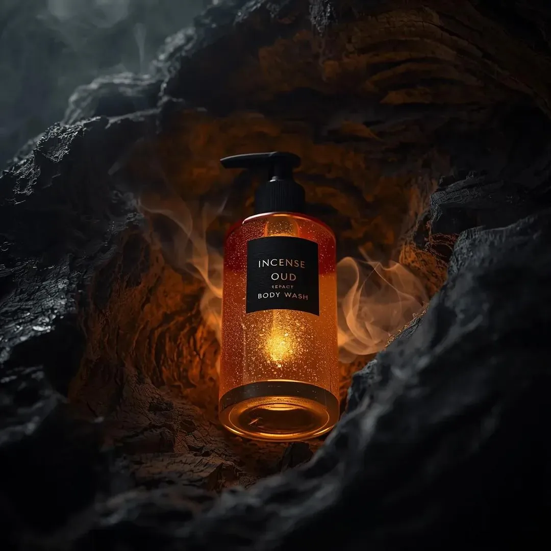 Ultra-Realistic Product Shot of Incense Oud Body Wash - Nano Banana Pro AI Prompt for Product Marketing reference