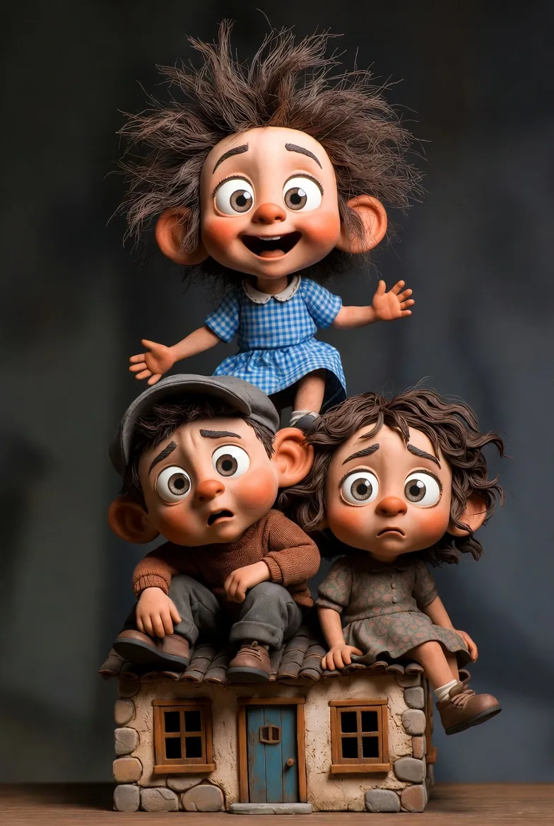 Whimsical 3D Clay Sculpture of Stacked Children Prompt reference