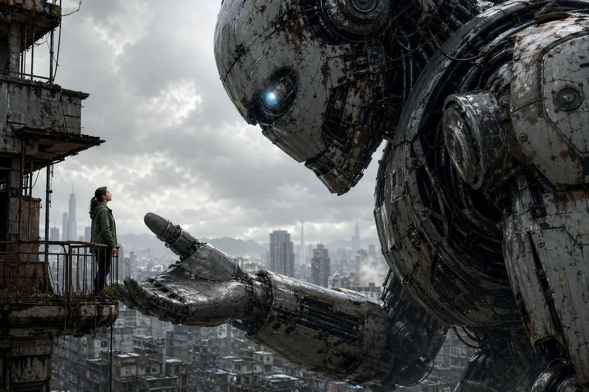 Giant Robot Meets Woman on Balcony reference