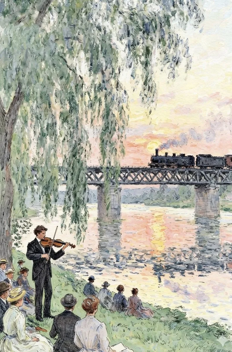 Watercolor Riverside Violinist at Sunset reference
