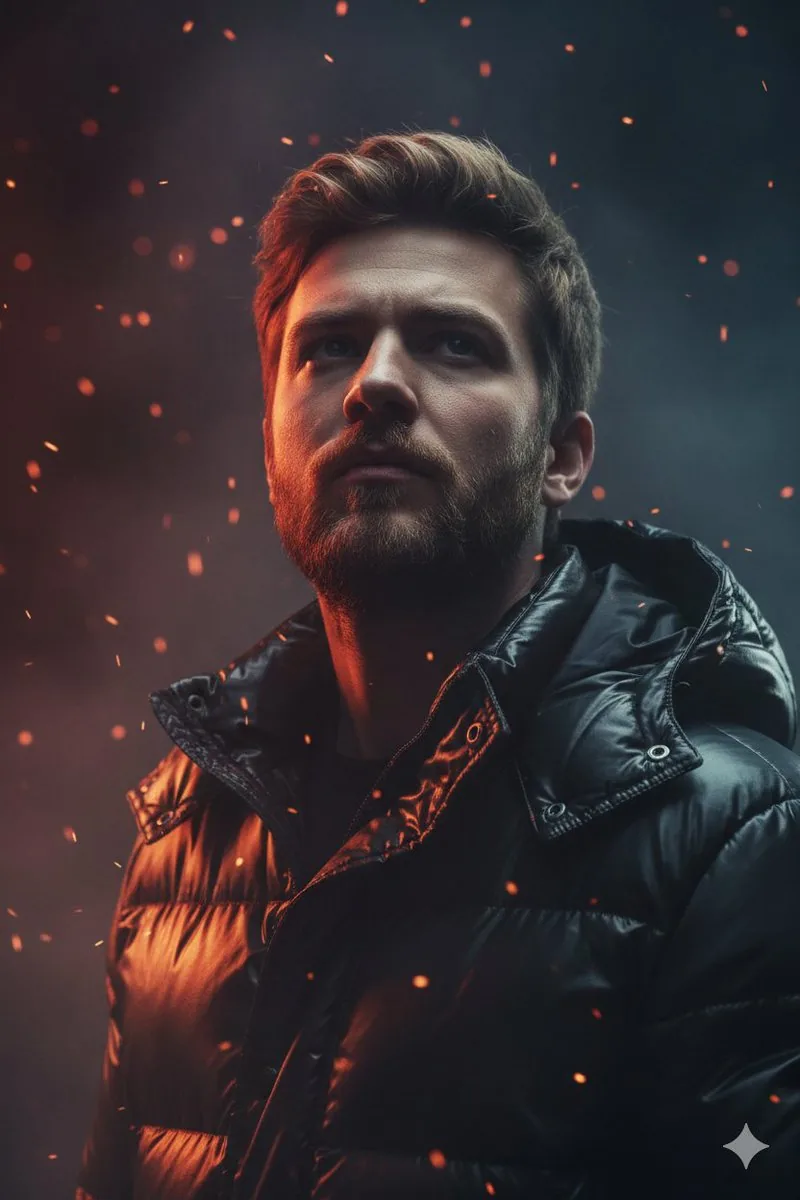 Dramatic Cinematic Portrait of a Rugged Young Man reference