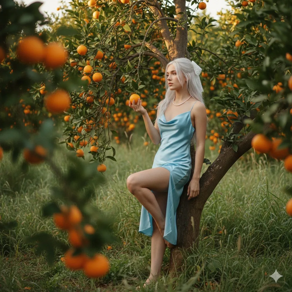 Dreamy Golden Hour Orange Grove Portrait Prompt - Nano Banana Pro AI Prompt for Social Media Post reference