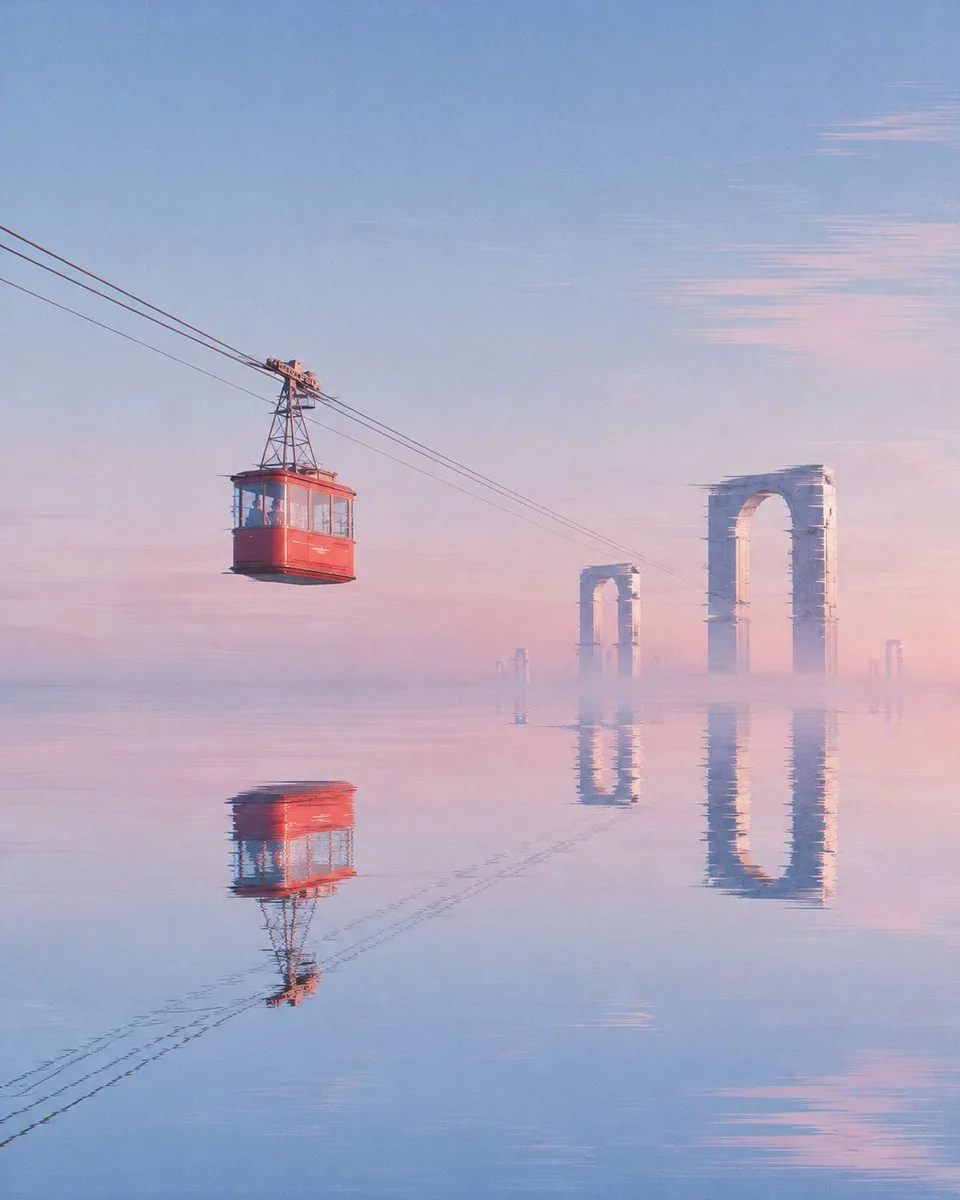 Red Cable Car Over Misty Water reference