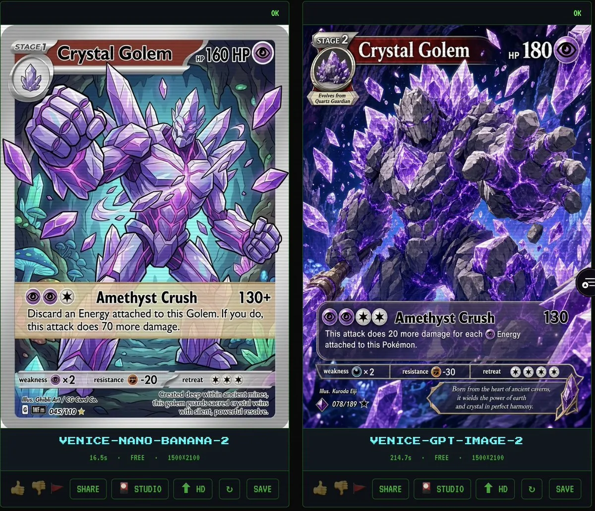 Crystal Golem Card Comparison UI reference