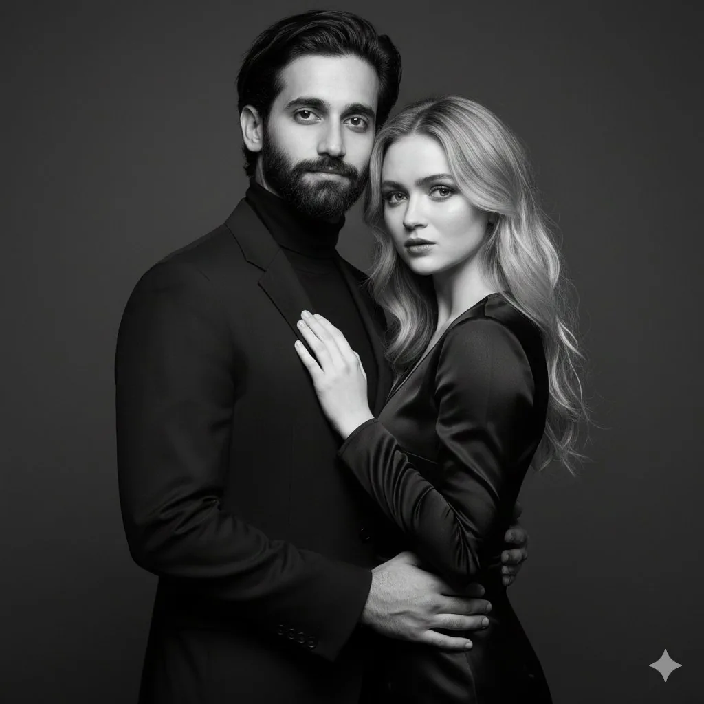 Black-and-White Studio Portrait of a Couple with Identity Lock reference
