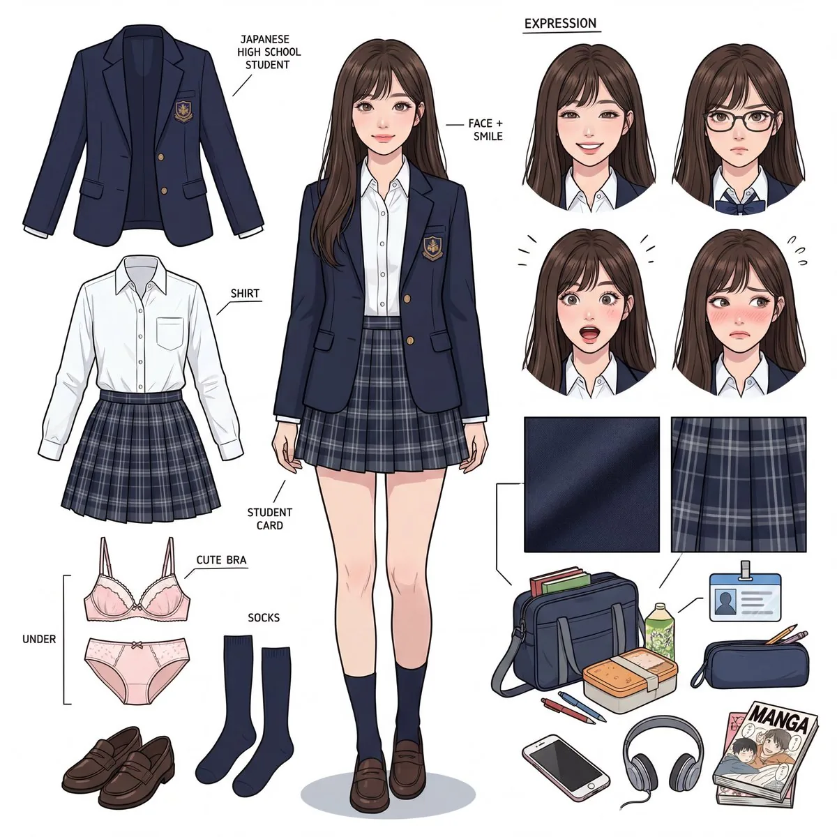 Panoramic Character Concept Sheet for 17-Year-Old Japanese JK - Nano Banana Pro AI Prompt for Game Asset reference