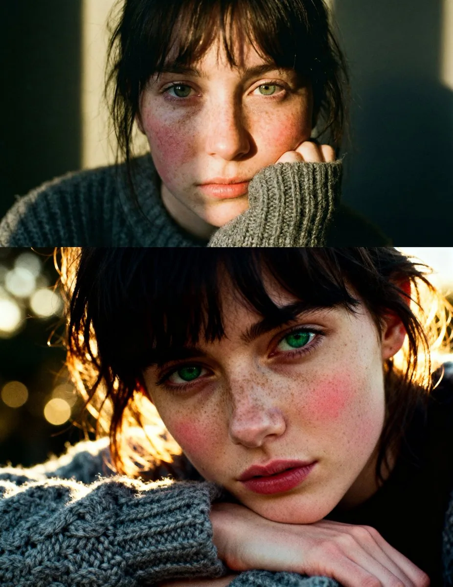 Cinematic close-up portrait with green eyes and knit sweater reference
