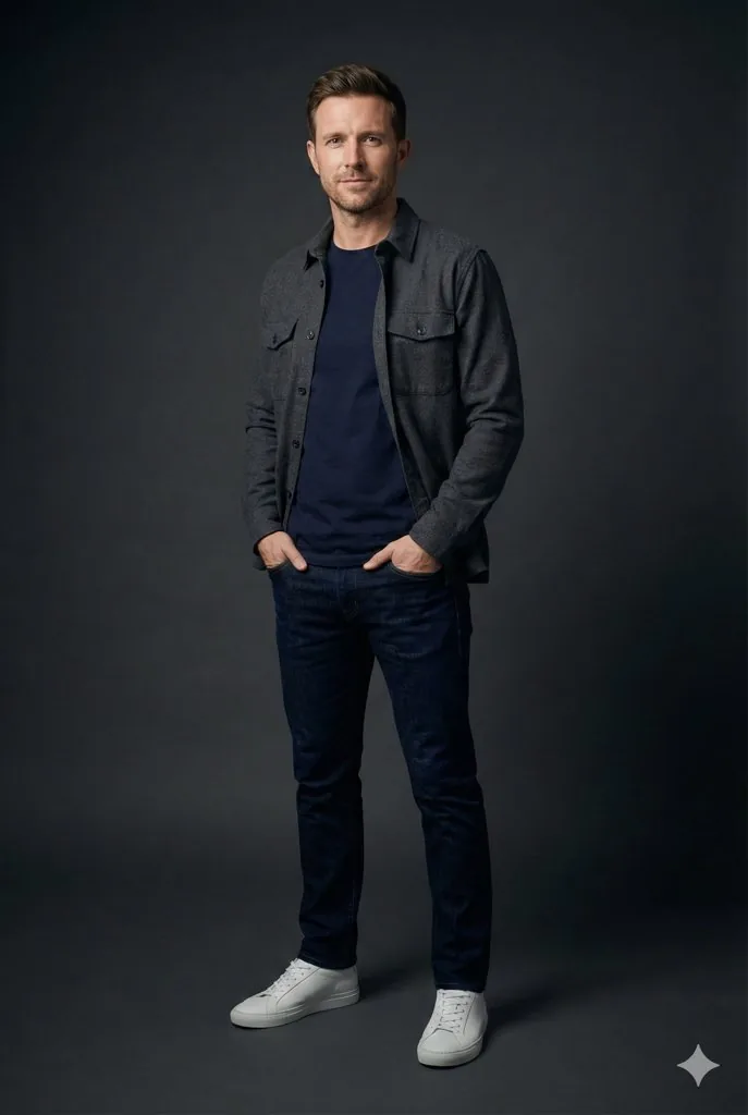 Modern Casual British Man Studio Portrait Prompt - Nano Banana Pro AI Prompt for Product Marketing reference