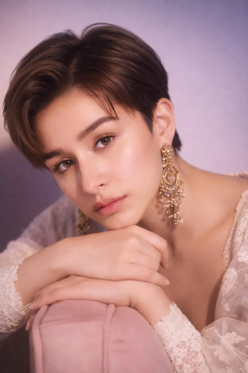 Portrait of Shraddha Kapoor with Pixie Cut and Jhumka Earrings - Nano Banana Pro AI Prompt for Social Media Post reference