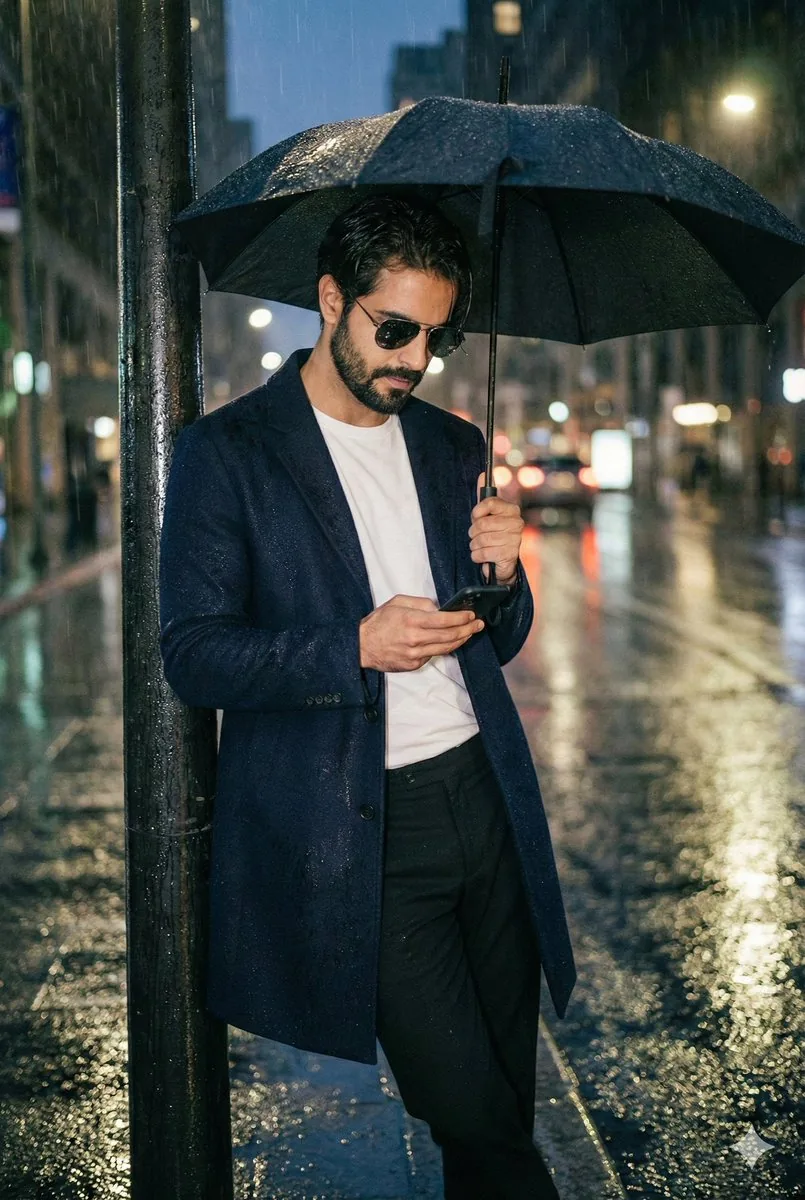 Cinematic Rainy Night Street Portrait of a Confident Man - Nano Banana Pro AI Prompt for Social Media Post reference