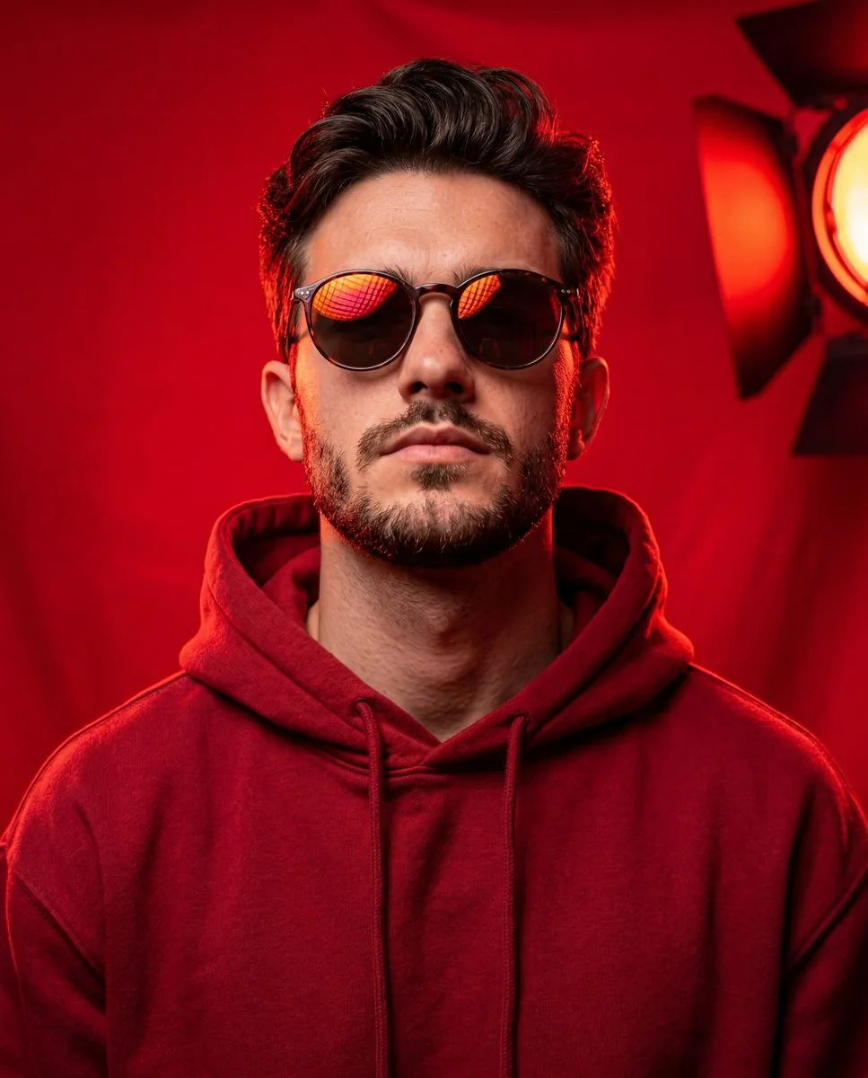 Bold Studio Portrait with Red Hoodie and Dark Sunglasses reference
