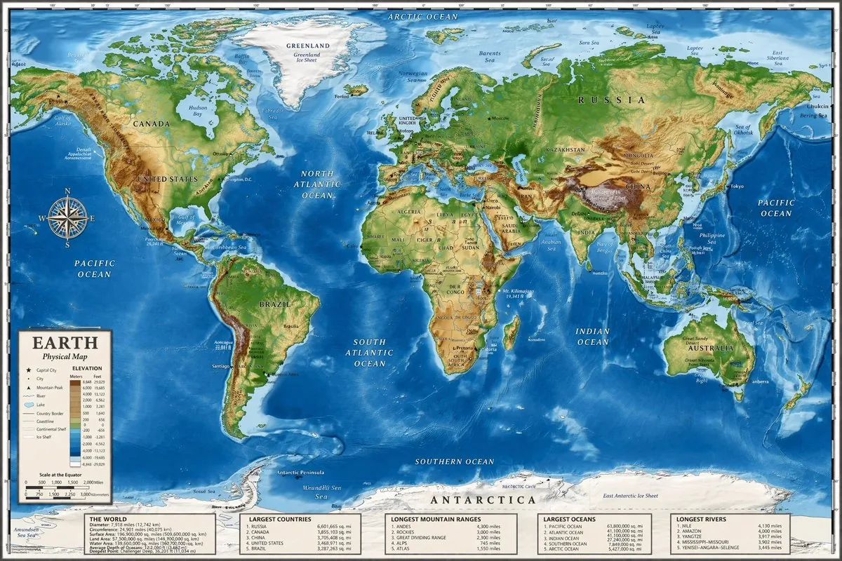 Detailed Physical World Map with Info Panels reference