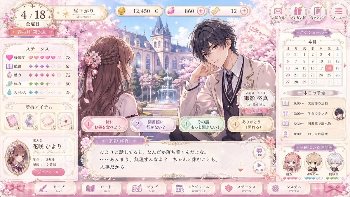 Pastel Otome Game UI Mockup reference
