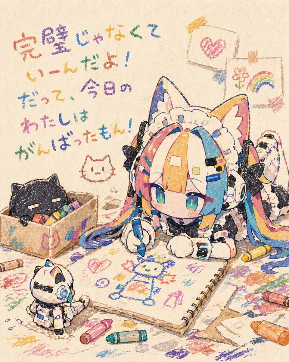 Chibi Cat Maid Crayon Art Scene reference