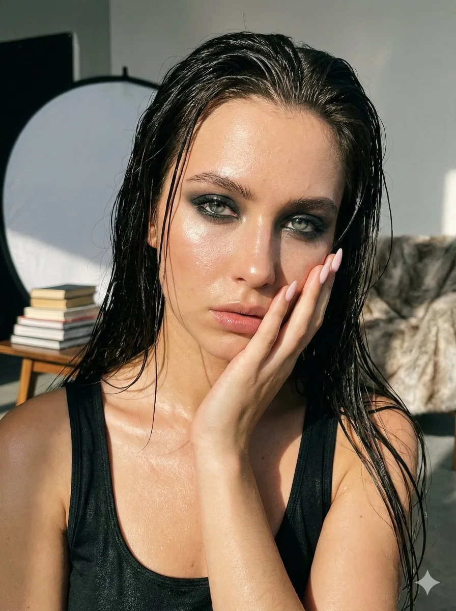 Ultra-Photorealistic Wet-Skin Beauty Portrait Prompt - Nano Banana Pro AI Prompt for Product Marketing reference