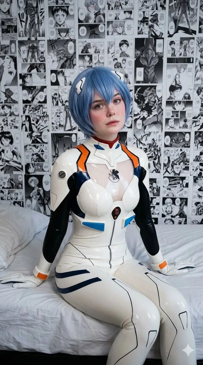 Elle Fanning as Rei Ayanami Cosplay - Nano Banana Pro AI Prompt for Social Media Post reference