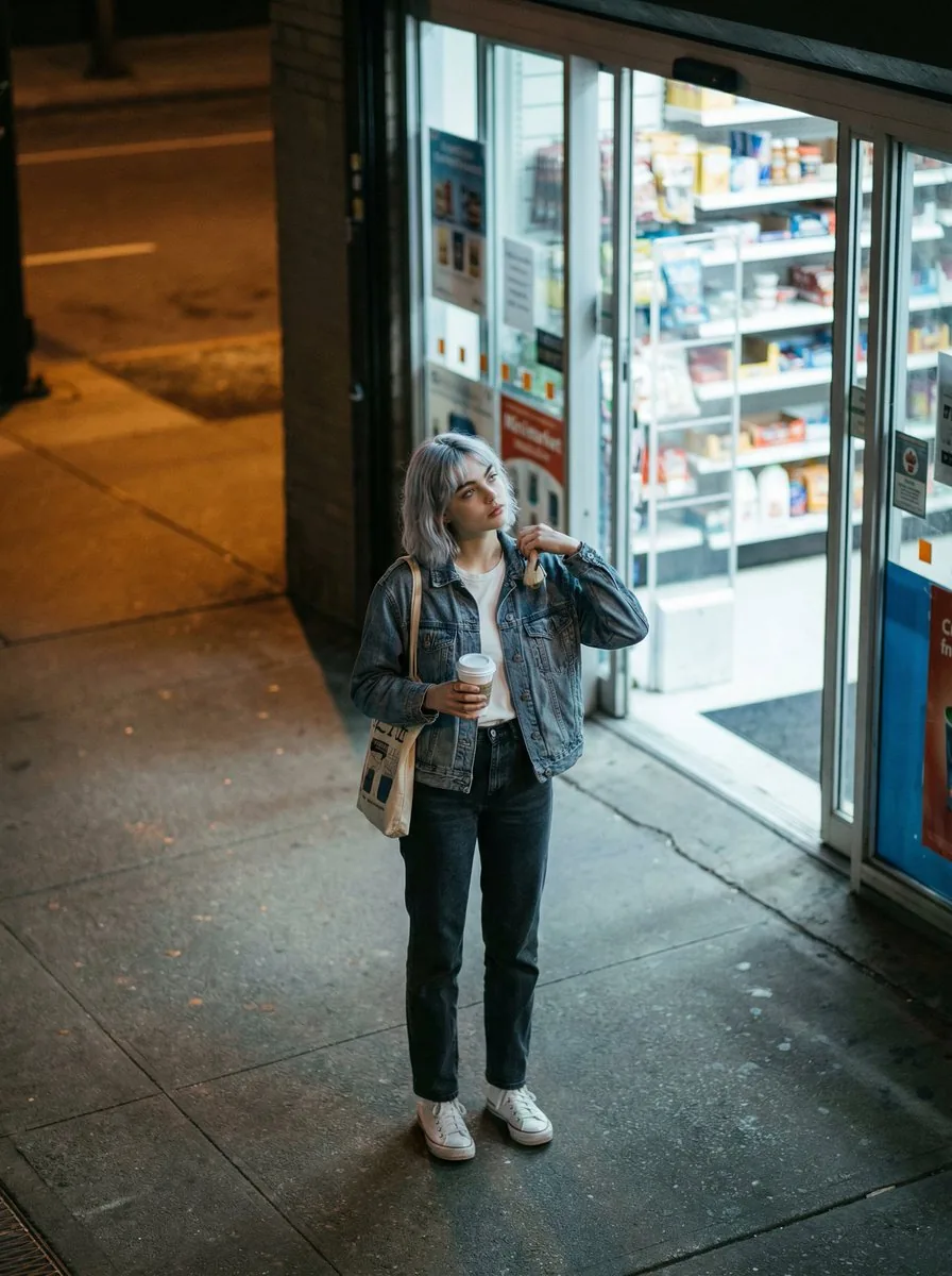 Candid night street fashion photograph with film aesthetic - Nano Banana Pro AI Prompt for Social Media Post reference