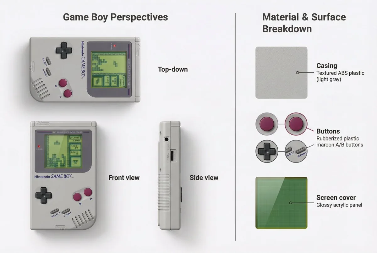 Nintendo Game Boy Product Showcase Infographic with Tetris - Nano Banana Pro AI Prompt for Product Marketing reference