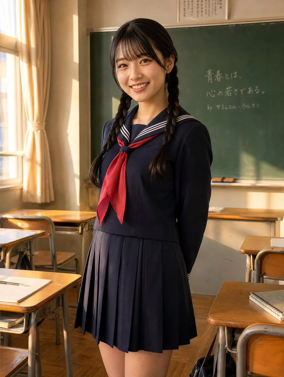 Sunlit Japanese Classroom Sailor Uniform Portrait reference