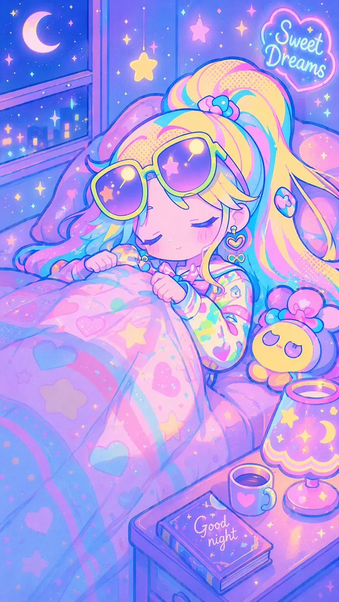 Retro Anime Pastel Sleep Scene reference