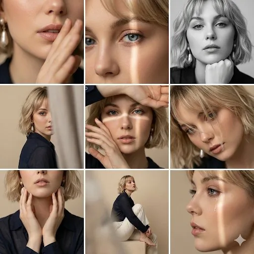 Editorial 3x3 Photo Grid of Intimate Portraits - Nano Banana Pro AI Prompt for Product Marketing reference