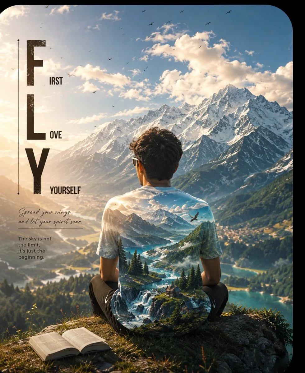 Double-Exposure Mountain Adventure Poster reference