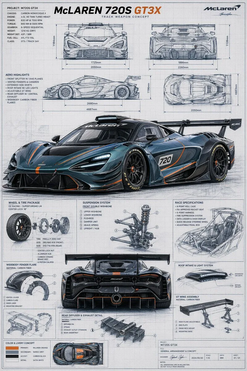 McLaren GT3X Technical Blueprint Poster reference