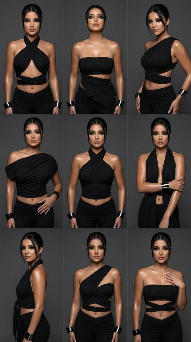 9-Panel Fashion Variation Grid Prompt: Black Wrap Tops - Nano Banana Pro AI Prompt for Product Marketing reference
